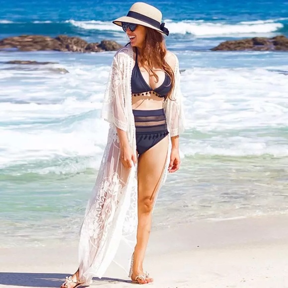 Bohemian Embroidered Sheer Lace Kimono Wrap - Picture 3 of 7